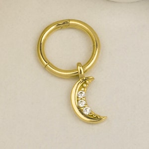 Piercing clicker anneau en or massif 14 carats avec motif croissant de lune, Piercing charnière anneau en or minimaliste, Piercing Daith or, Piercing hélice or