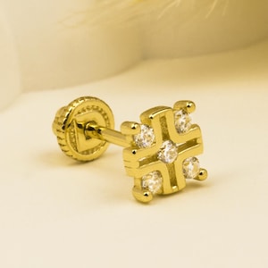 14K Solid Gold Flower Motif Piercing, Cartilage Screw Back Helix Tragus Piercing, Stud Ear Piercing, Stud Earring, Piercing Jewelry