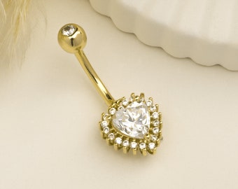 14k Solid Gold Big Heart Ring Belly Button Ring Piercing, Gold Belly Button Piercing, Navel Belly Ring Barbell Piercing
