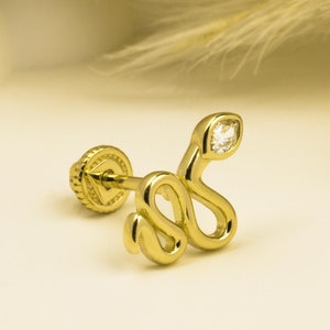 14K Solid Gold Snake Motif Piercing, Cartilage Screw Back Helix Tragus Piercing, Stud Ear Piercing, Stud Earring, Piercing Jewelry