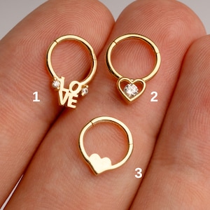 Piercing coeur, Piercing clicker en or massif 14 carats, Piercing anneau minimal, Piercing serrure charnière en or, cadeau Saint-Valentin pour femme