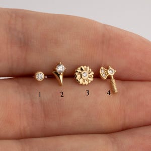 14K Solid Gold Solitiare, Flower, Ax Piercing, Cartilage Screw Back Helix Tragus Piercing, Stud Ear Piercing, Piercing Jewelry