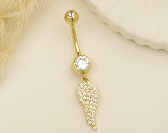 14k Solid Gold Wing Belly Ring Belly Button Ring Piercing, Gold Belly Button Piercing, Navel Belly Ring Barbell Piercing