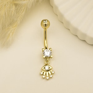 14k Solid Gold Eye Motif Belly Ring Belly Button Ring Piercing, Gold Belly Button Piercing,  Navel Belly Ring Barbell Piercing