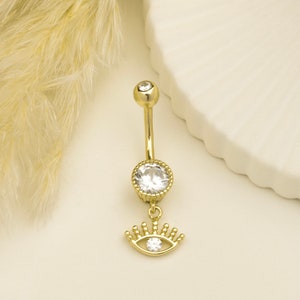 14k Solid Gold Eye Belly Ring Belly Button Ring Piercing, Gold Belly Button Piercing,  Navel Belly Ring Barbell Piercing
