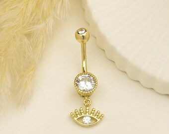 14k Solid Gold Eye Belly Ring Belly Button Ring Piercing, Gold Belly Button Piercing,  Navel Belly Ring Barbell Piercing