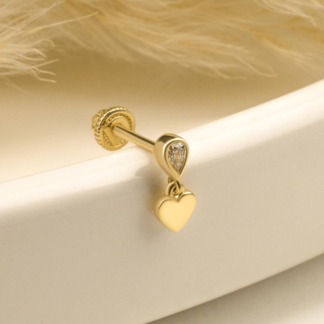 14K Solid Gold Drop Stone With Heart Piercing, Cartilage Screw Back ...
