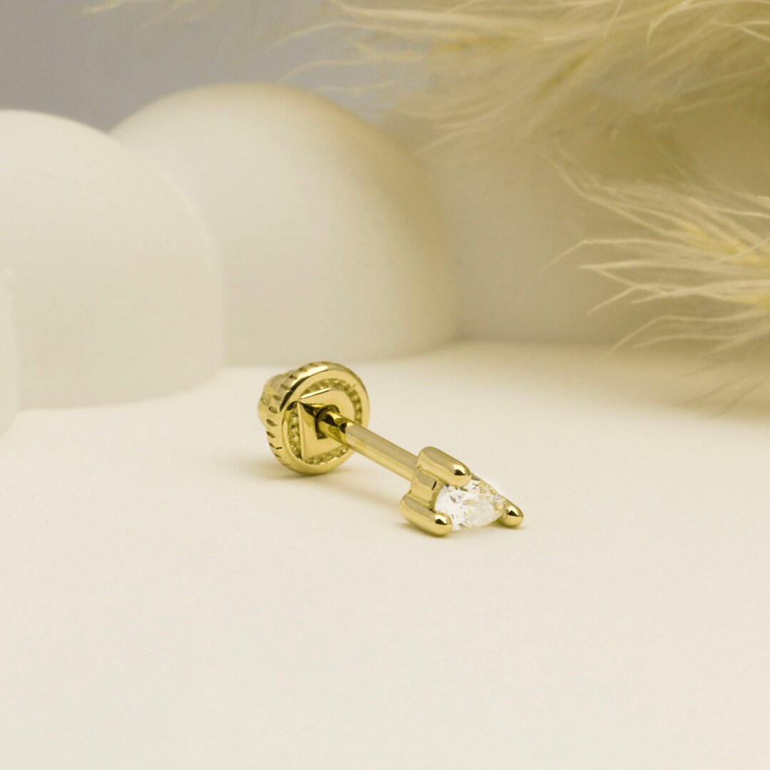 14K Solid Gold Drop Stone Cartilage Piercing: Screw Back Helix Tragus ...