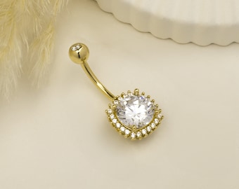 14k Solid Gold Big Belly Ring Belly Button Ring Piercing, Gold Belly Button Piercing,  Navel Belly Ring Barbell Piercing