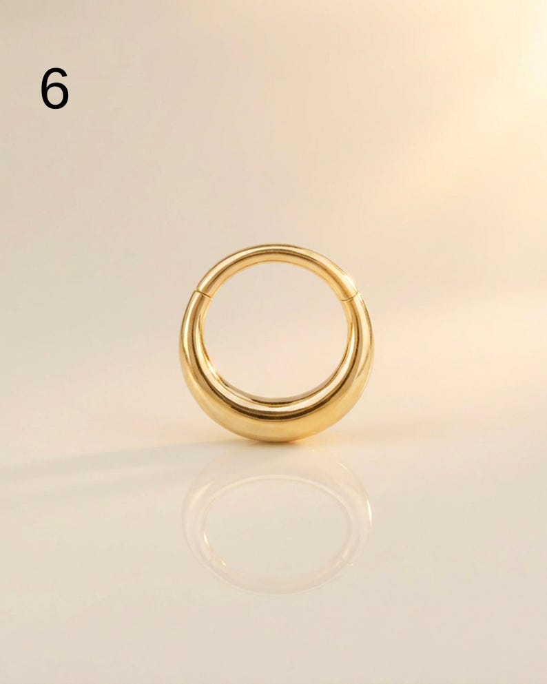 以下が含まれることがあります： 金色の円形ボディピアスジュエリー。ジュエリーは、滑らかで研磨された表面を持つシームレスリングです。画像左上隅に数字の「6」が表示されています。