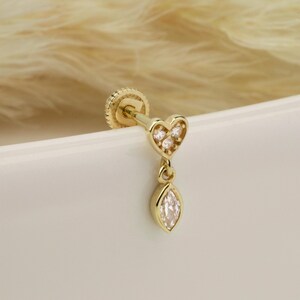 14K Solid Gold Heart and Markis Stone Piercing, Cartilage Screw Back Helix Tragus Piercing, Stud Ear Piercing Earring, Piercing Jewelry