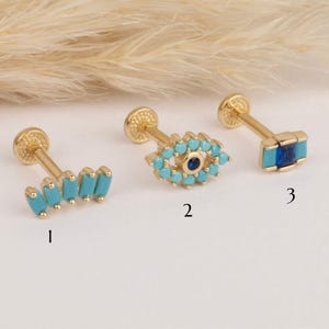 Blue And Dark Blue Stone Tragus Piercing, Cartilage Earring, 14K Solid Gold Tragus Piercing, Minimalis Tragus Piercing, Gold Stud Piercing