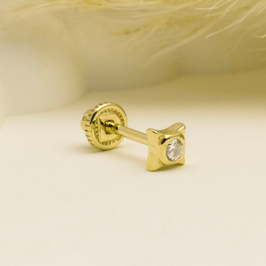 14K Solid Gold Angular Stone Piercing, Cartilage Screw Back Helix ...