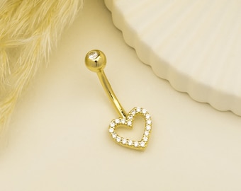14k Solid Gold Heart Ring Belly Button Ring Piercing, Gold Belly Button Piercing,  Navel Belly Ring Barbell Piercing Valentine's Day Gift