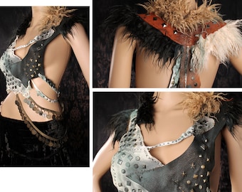 Apocalyptic Warrior Halter Top, Studded Leather Shrug, Wasteland Festival, Tribal Belly Dance Warrior Top, black white fur top, heavy metal