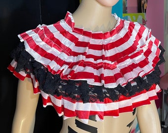 Stipe Clown Collar, red white black ruffle Collar. carnival neckpiece, circus costume, mardi gras costume, neck warmer cowl