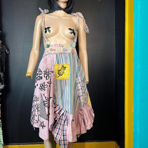 Overall Skirt Dress, adjustable straps, upcycle Boho tunic, prairie dress, large tattered patchwork ragdoll dress, suspender festival dress