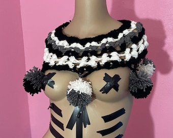 Crochet Pom Pom Collar. cute carnival neckpiece, unique clown bib, mardi gras costume piece, warm neck warmer cowl, black white stripes