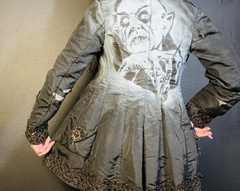 Vampire Funeral Coat. Vintage 1800 Nosferatu beaded coat, Victorian Goth cosplay, Rare, Museum, theatre, deathrock decay black silk, antique