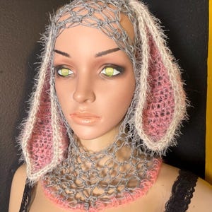 Distressed Bunny Balaclava. loose fishnet crochet hood, striped balaclava, 70s fashion ski mask hat, long rabbit ears festival headpiece