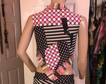 Festival Bolero Vest. stripe and polkadot patchwork top, pointy back, circus bellydance top, carnival costume, cute lolita tea party vest