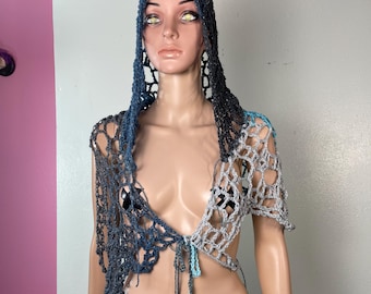 Crochet Hood Cape, cottage core shawl, free form organic shape wrap, large web mesh poncho, fishnet Capelet, festival layer top