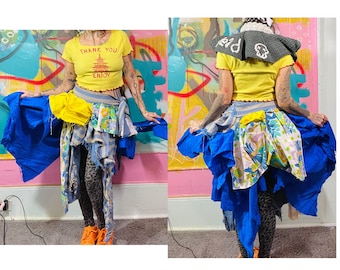 Large Bustle Wrap Skirt, tattered Silk Skirt, Ruffle Bolero, large clown Collar. carnival neckpiece,  belly dance, festival layer wrap skirt