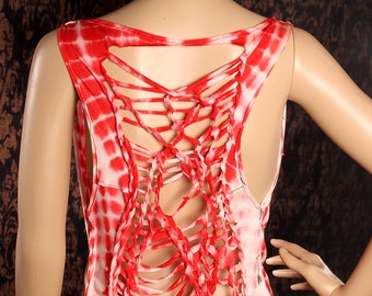 Festival Tank Top, loose slinky shirt, braided cut up open back, low cut tshirt, soft cotton red white tie dye, cowl neck