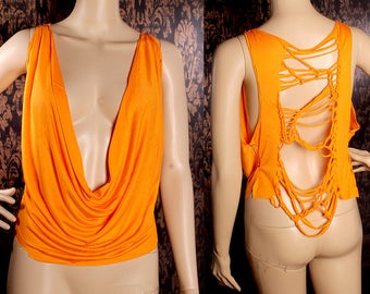 Tank Girl Tank Top, cut up braided open back, low cut tshirt. Boho belly shirt, Orange top, hippy tank top, slouchy halter, hipster fashion