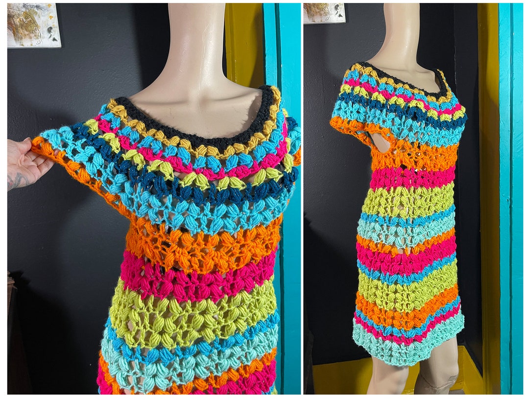Crochet Festival Dress Bohemian Rainbow Stripe Dress Boho Tropical