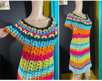 Crochet Festival Dress, bohemian rainbow stripe dress, boho tropical vacation dress, bright colors, off the shoulder fitted crochet dress