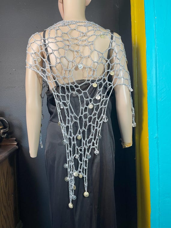 Witchcore Crochet Hip Wrap, loose net shawl wrap, fairy skirt, belly dance  multi wear coin net wrap, Boho, Mermaidcore draping mesh shawl