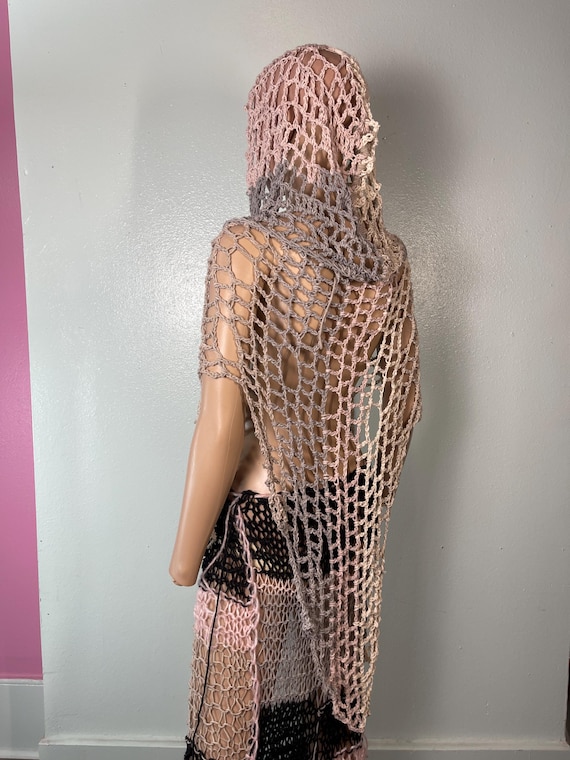 Long Drippy Crochet Hood Cape, cottage core shawl, free form organic shape wrap, large web mesh, fishnet witchcore Capelet, festival