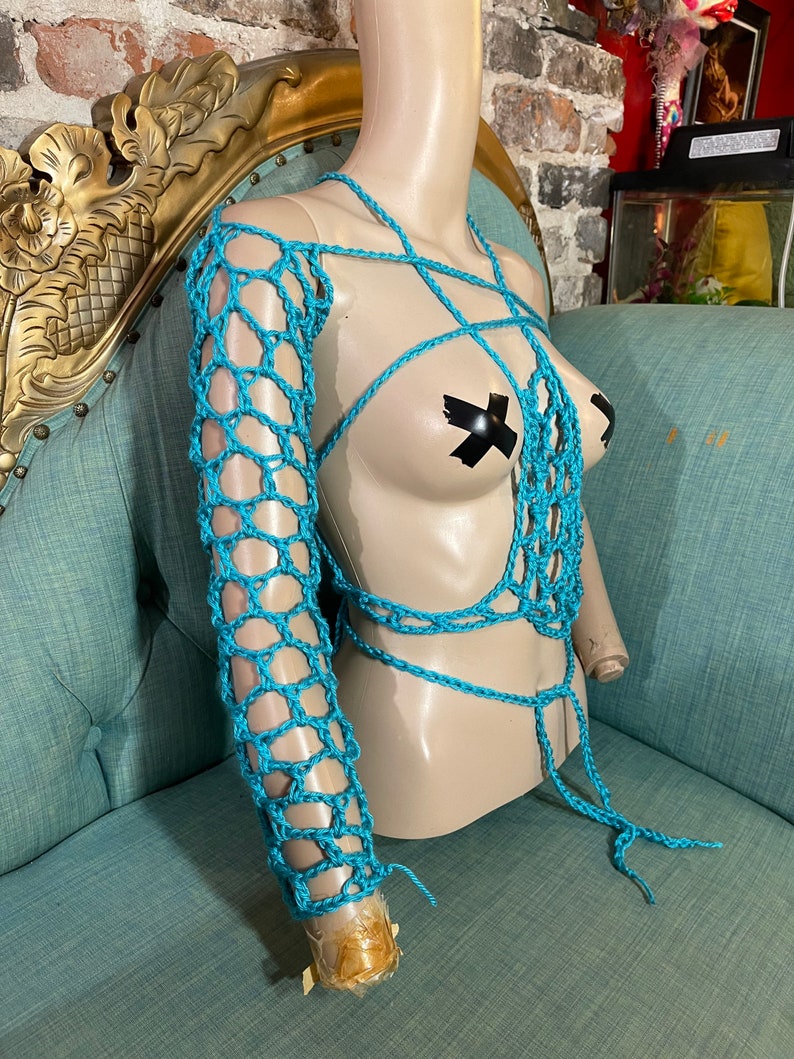 Mermaid Sleeve. Blue fishnet crochet arm warmer, asymmetrical, festival fashion, Tribal Belly Dance, fetish wear image 6