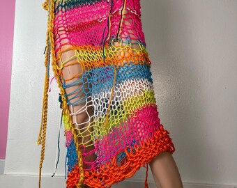 Distressed Knit Skirt Dress, Colorful Boho stripe mesh handknit skirt, sheer fishnet maxi skirt, hand knit cottage core, Fairy, festival