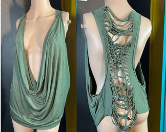 Braided Racerback Tank Top, green slinky shirt, cut up open back, low cut tshirt, cowl neck, plunge neck top, sexy wasteland festival halter