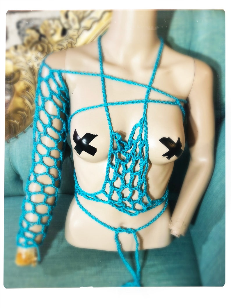 Mermaid Sleeve. Blue fishnet crochet arm warmer, asymmetrical, festival fashion, Tribal Belly Dance, fetish wear image 3