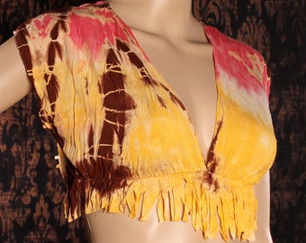 Hippie fringe top, Upcycle tie dye Shirt, bright yellow pink brown tshirt, boho belly shirt, hippie top, festival top, hippie crop top