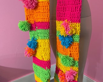 Oversize Crochet Stripe Thigh High, pom pom leg warmers, long crochet mismatch striped leggings, bright color rave club socks, crude things