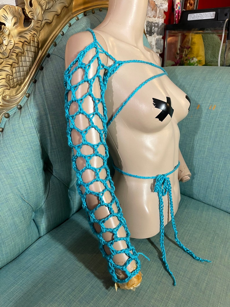 Mermaid Sleeve. Blue fishnet crochet arm warmer, asymmetrical, festival fashion, Tribal Belly Dance, fetish wear image 2