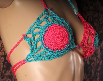 Hot Pink and Blue Bra, net lace crochet bikini top, layer bralette, summer festival top, boho halter bra, camisole bra, circus, cosplay, web