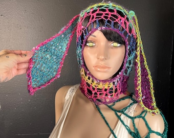Mohair Bunny Balaclava. distressed wasteland crochet mask, multi color striped sequin balaclava, long rabbit button on ears, summer festival