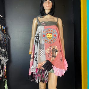 Overall Skirt Dress, adjustable straps, upcycle Boho layer ruffle dress, large tattered patchwork ragdoll dress, suspender festival dress