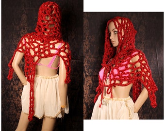 Red Riding Hood Crochet Cape, free form organic shape, large web poncho, fishnet Capelet, festival shawl, tribal belly dance, summer shawl