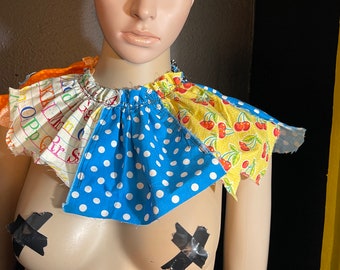 Patchwork Clown Collar. festival polka dot collar, tattered circus neck piece, prairie bib, mardi gras costume, cosplay neckpiece