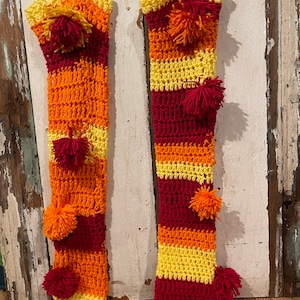 Oversize Crochet Thigh High, circus pom pom leg warmers, long Festival crochet striped leggings, clown over the knee  footless socks