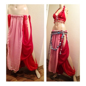 Red Sexy Harem Pants with draping layer Skirt, Bohemian Belly Dance festivals, Tribal Fusion, Vintage Cabaret