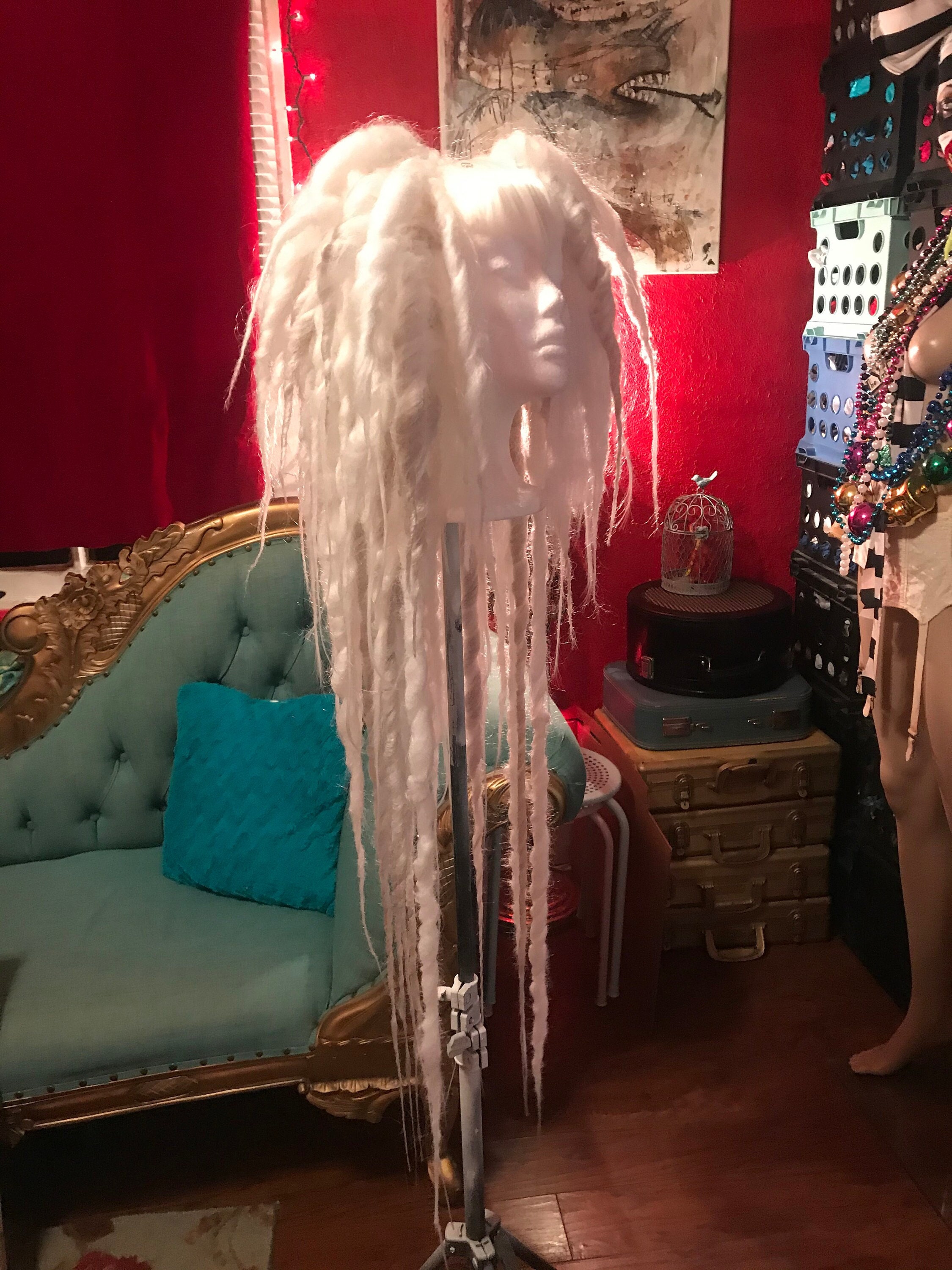 White Silver Vampire Dread Wig, big dread locks, Halloween costume, Gothic, big cosplay hair, Tribal Belly Dance, long platinum dreadlocks