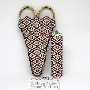 May include: A pair of gold scissors with a brown, white, and pink beaded cover. A matching beaded cover for a small cylindrical object is also shown. The text "Margaret Tobin Beading Past Times" is at the bottom of the image.
