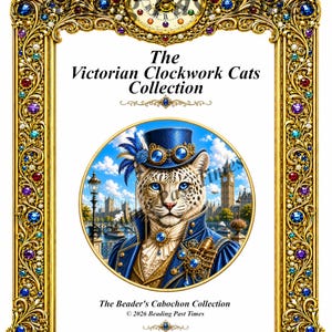 May include: A rectangular gold frame decorated with colorful jewels and a clock face at the top. Inside, a circular image shows a leopard wearing a blue top hat with goggles and a blue coat. Text reads The Victorian Clockwork Cats Collection.